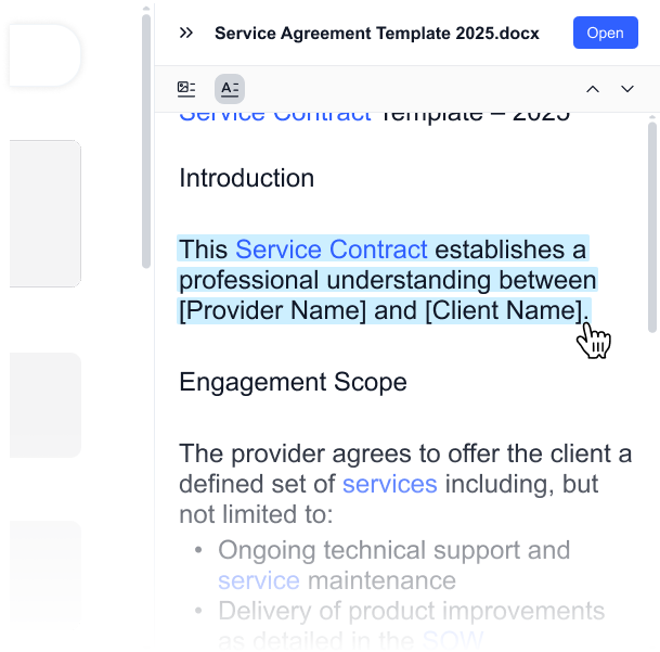 Gety preview of “Service Agreement Template 2025.docx” with auto-highlighted sentence showing key contract details for quick scanning.

