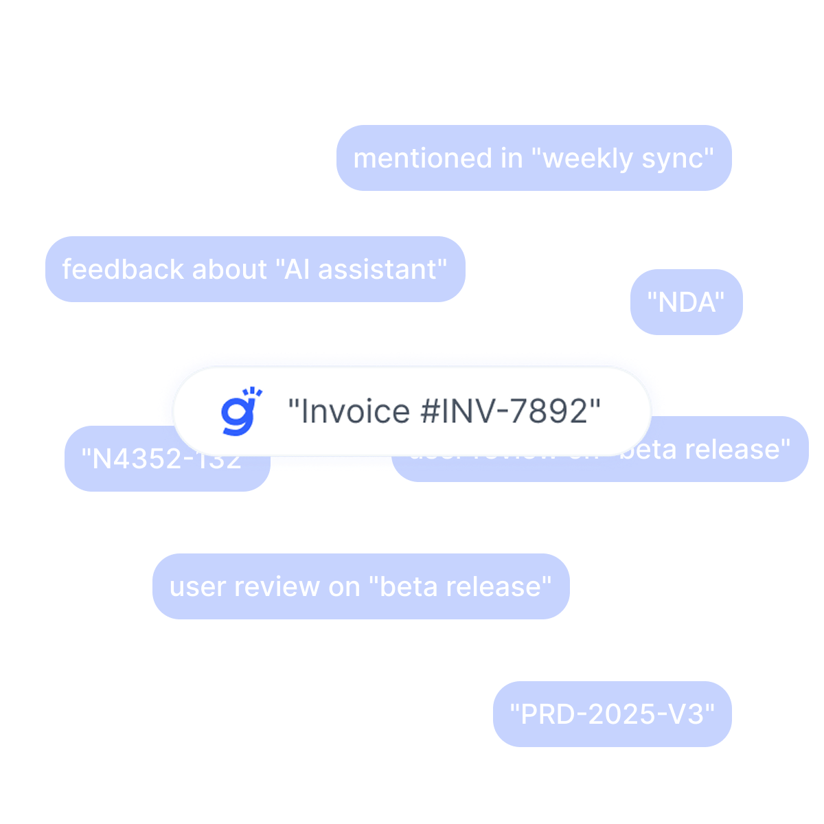 Gety exact match search using quoted query “Invoice #INV-7892”, with results like “N4352-132” and “feedback about AI assistant”.