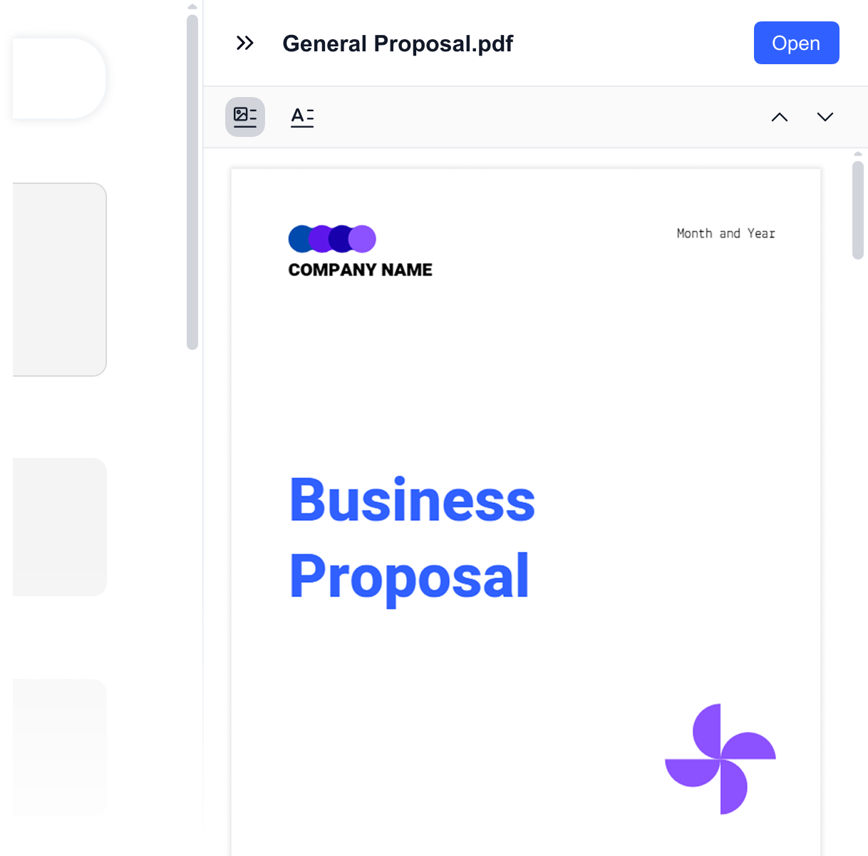 Gety preview panel displaying a PDF file titled “Business Proposal”, allowing instant in-app reading without opening a separate viewer.