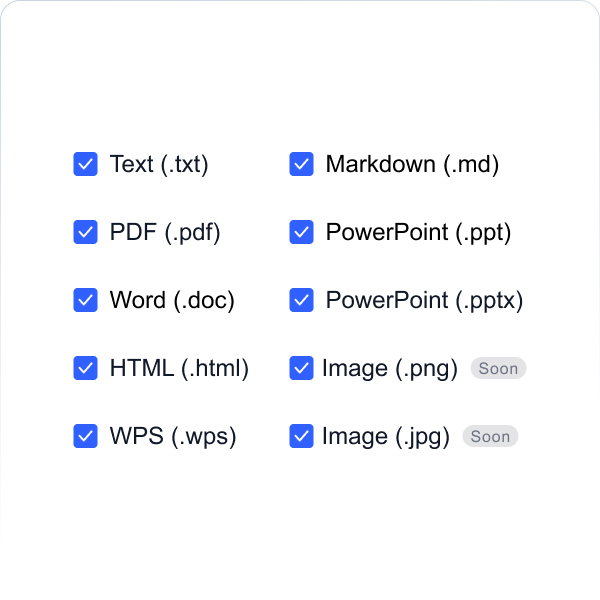 Gety file type settings showing support for formats like .txt, .pdf, .doc, .pptx, .md, .html, and upcoming support for .png and .jpg.