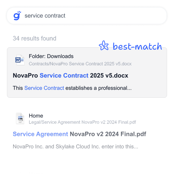 Gety smart ranking feature showing the best-matching document “NovaPro Service Contract 2025 v5.docx” ranked at the top.