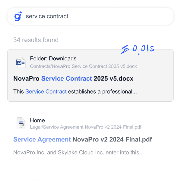Gety search for “service contract” showing millisecond-fast results with “NovaPro Service Contract 2025 v5.docx” returned in under 0.01s.