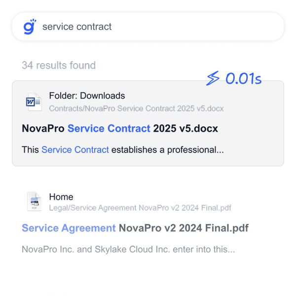 Gety search for “service contract” showing millisecond-fast results with “NovaPro Service Contract 2025 v5.docx” returned in under 0.01s.
