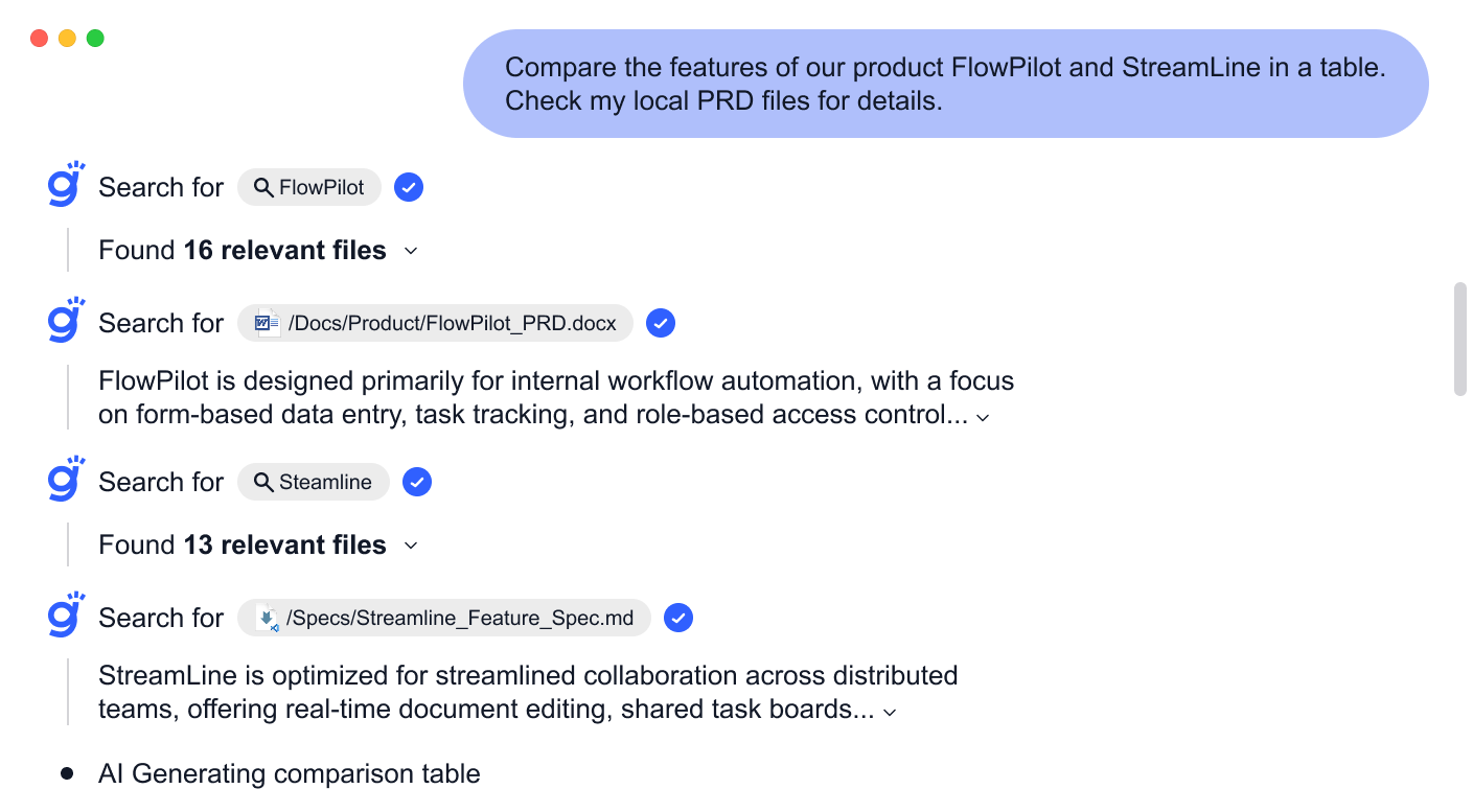 Gety using local AI to compare FlowPilot and StreamLine by retrieving and analyzing PRD files, with private on-device reasoning and real-time results.