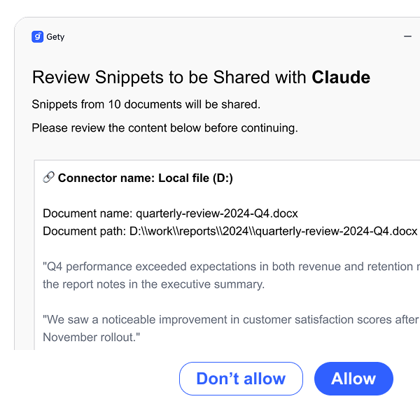 Gety snippet review panel showing document content and metadata from local files, allowing per-connector indexing and export rules.