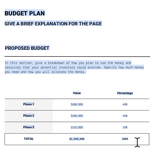 Document preview of a budget plan in Gety, showing deep parsing of structured text and table content for accurate understanding.