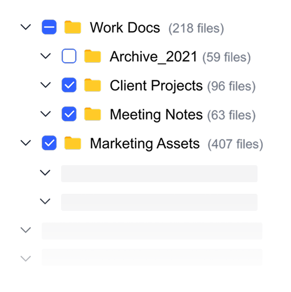 Gety folder selection interface for indexing, showing user-selected folders like Client Projects and Marketing Assets, enabling custom scope control.