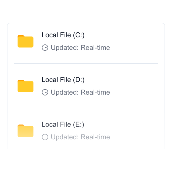 Screenshot of Gety’s real-time file tracking across C:, D:, and E: drives, enabling instant search updates for new content only.