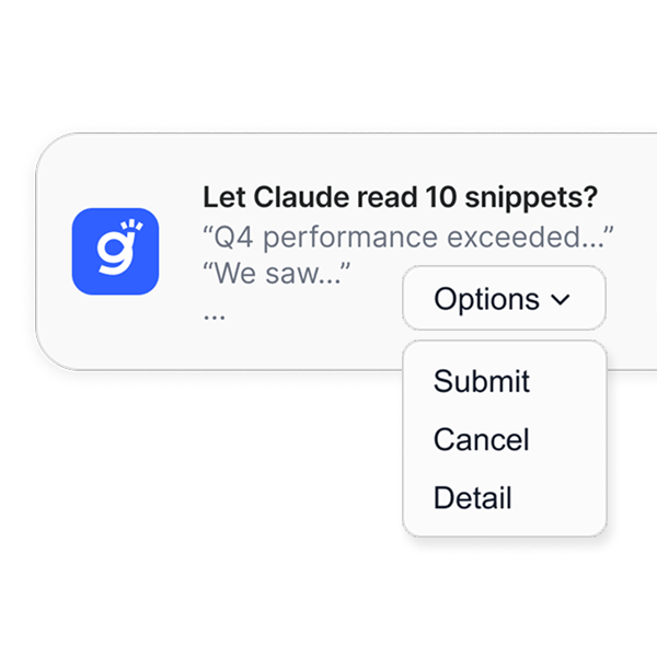  Gety approval interface asking user to confirm before sending document snippets to Claude, with options like Submit, Cancel, and Detail.