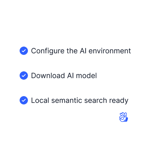Gety showing local AI environment setup with options to configure AI, download models, and enable local semantic search without cloud usage.