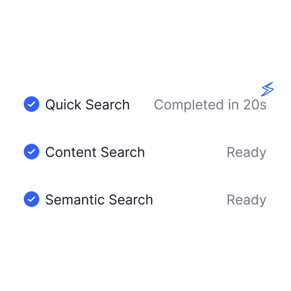 Screenshot showing Gety’s Quick Search completed in 20 seconds, with Content Search and Semantic Search marked as ready.