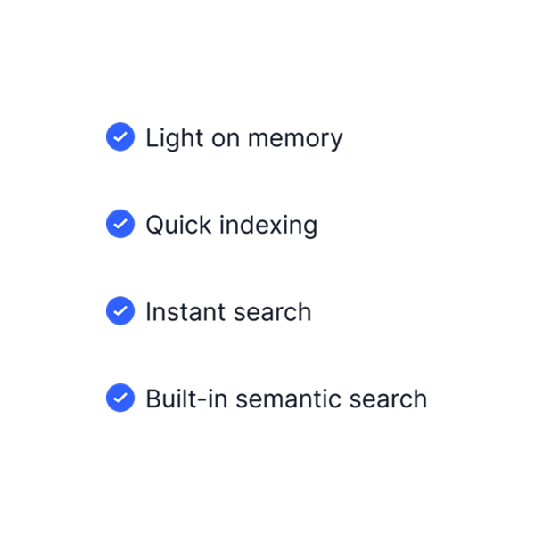 Feature card highlighting Gety’s indexing optimizations: reduced memory usage, accelerated indexing, boosted search speed, and built-in semantic search.