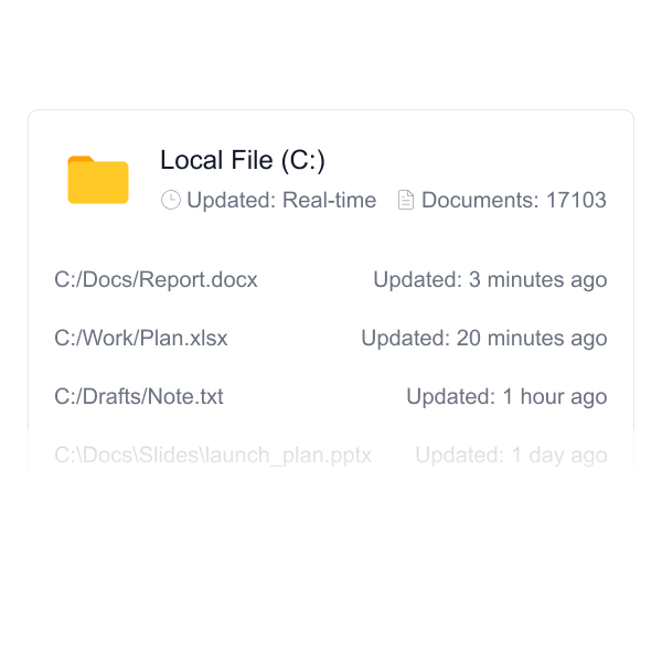 Gety real-time indexing of C: drive, showing file paths and updated timestamps, supporting incremental updates for semantic search.