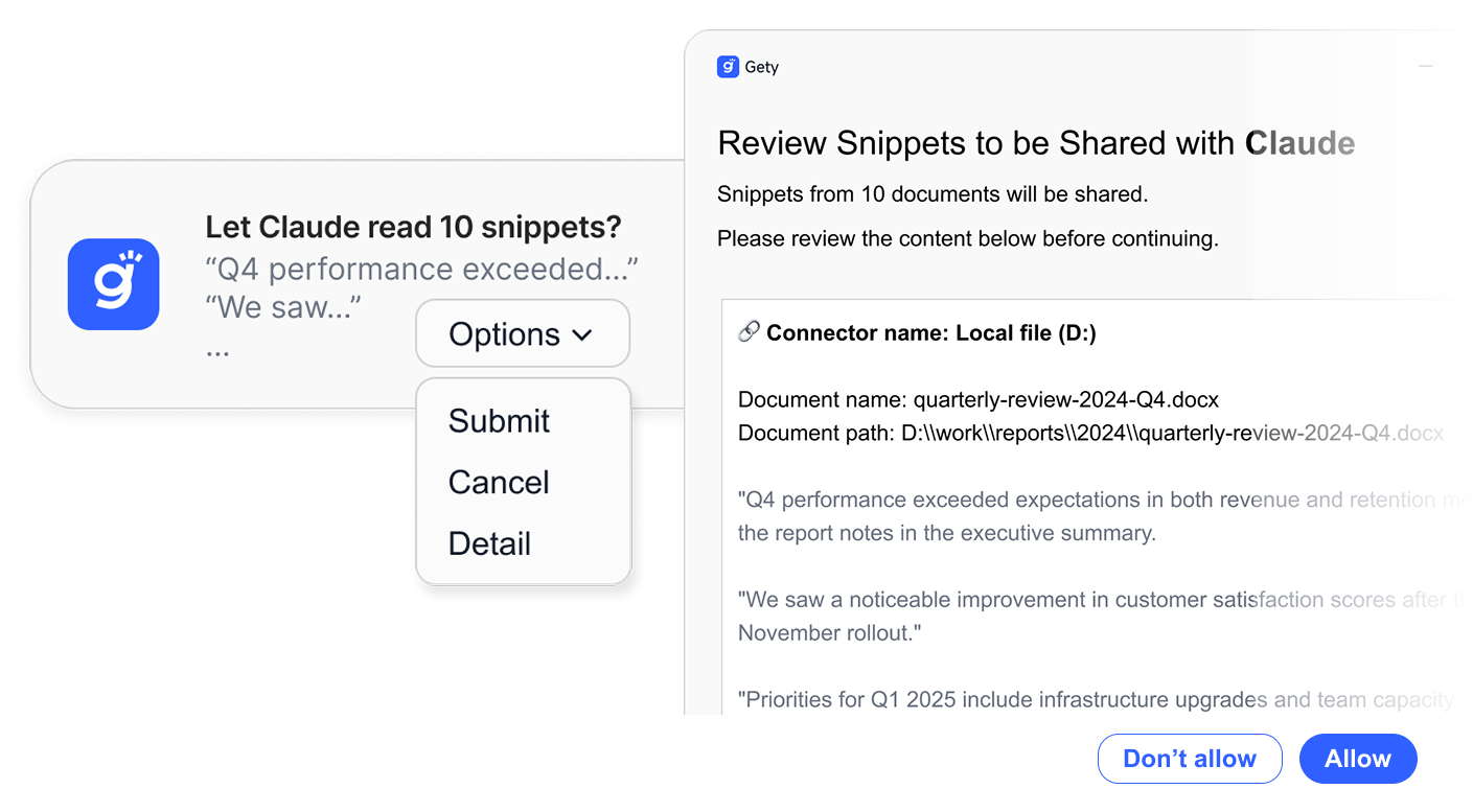 Gety all-local search interface showing an option to review and selectively share document snippets with Claude, while keeping queries and embeddings private on device.