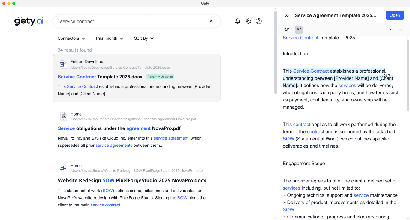 Gety showing search results for “service contract” and a preview of “Service Agreement Template 2025.docx” with highlighted text describing contract terms.