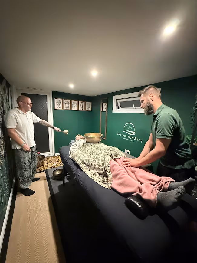 Massage and sound bath therapy session at Zen Den Worthing with Jan and Del from Waves & Vibrational Energy. Combining therapeutic massage and sound healing for relaxation and wellbeing in Worthing, West Sussex.