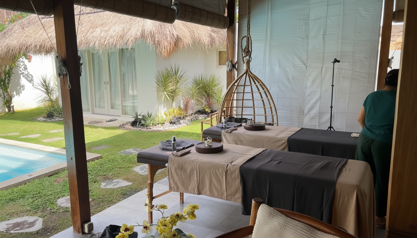 A therapist from The Remedy Home Spa is preparing a massage session in a villa in Bali.