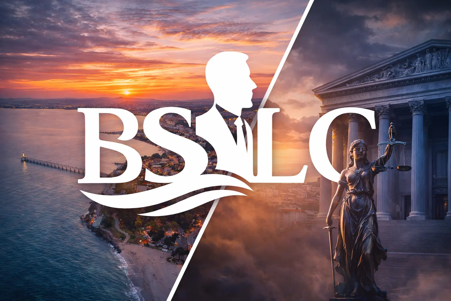 Изглед към крайбрежен град при залез и статуя на Темида с храм на фона.