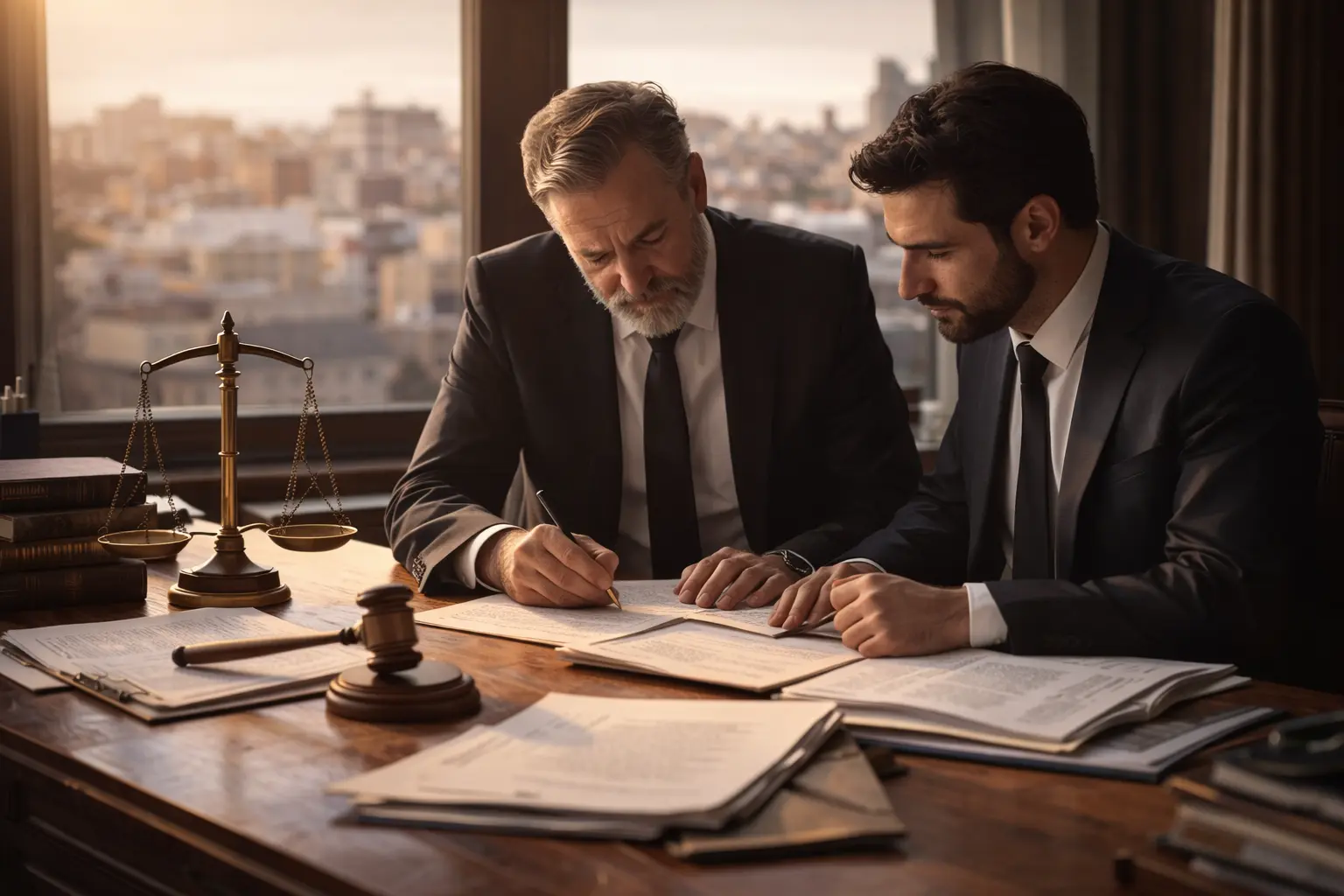 Два мъже в костюми обсъждат и подписват документи в офис с правораздавателни книги и съдебен чук на масата.