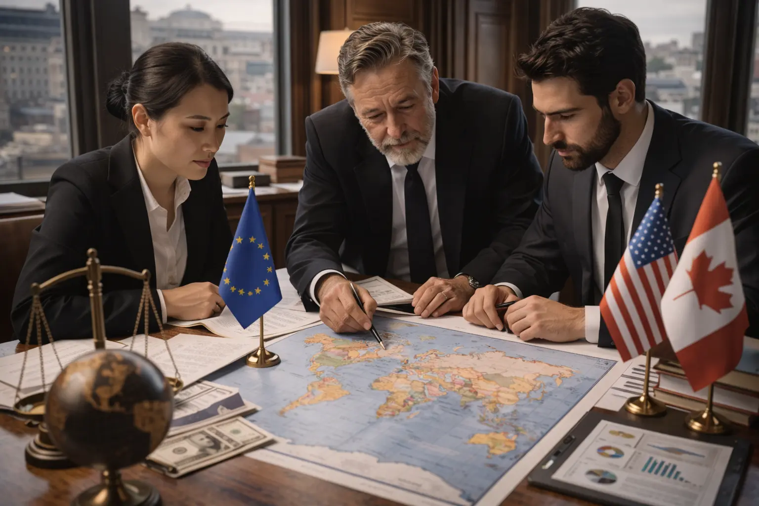 Трима делови в офис, обсъждащи карта на света, с поставени национални флагове на ЕС, САЩ и Канада на масата.
