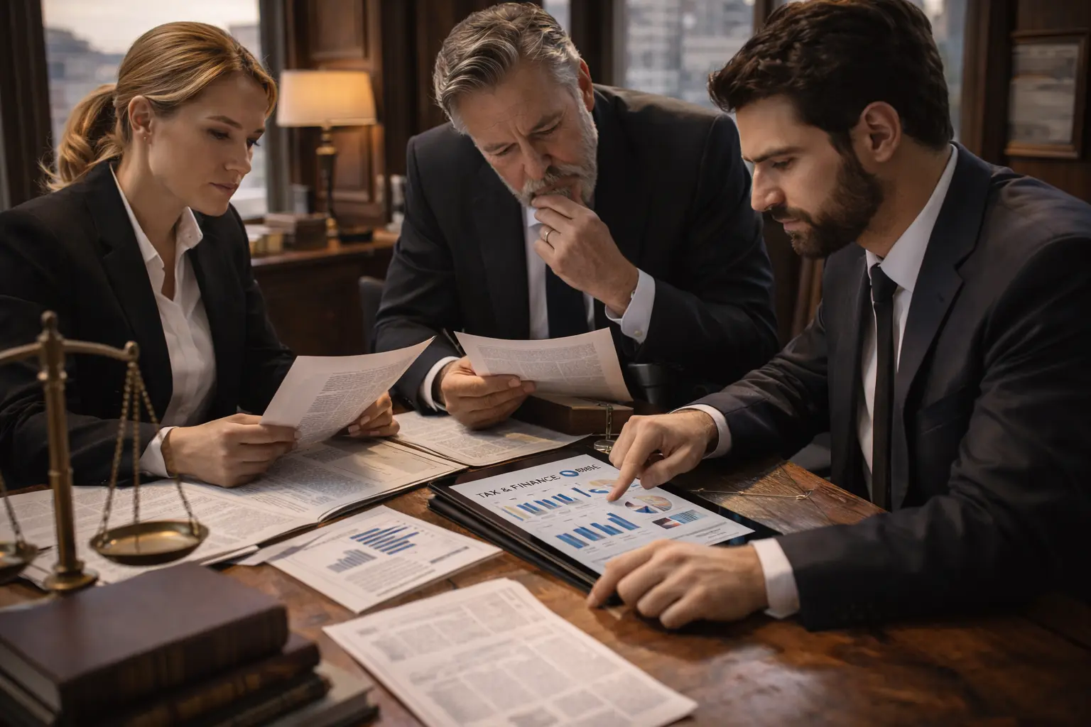 Трима бизнес професионалисти в костюми обсъждат финансови документи и диаграми в офис.