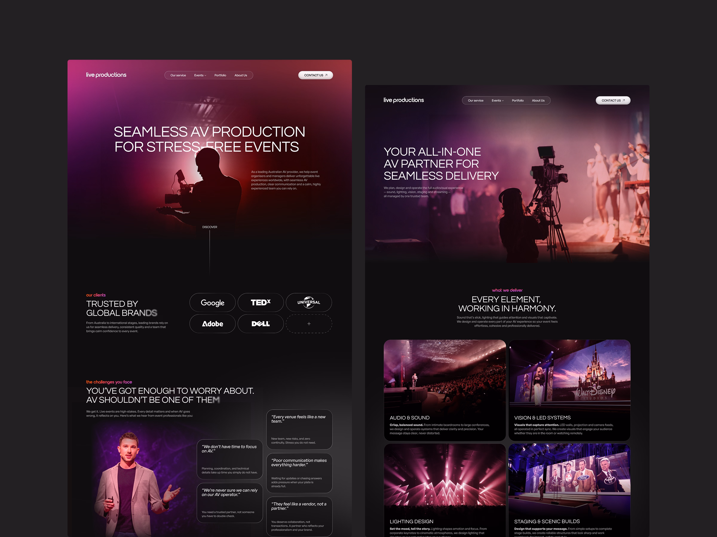 Un site Webflow conçu pour traduire le nouveau positionnement de Live Productions, inspirer confiance dès le premier contact et soutenir leur croissance sur des événements à forts enjeux.