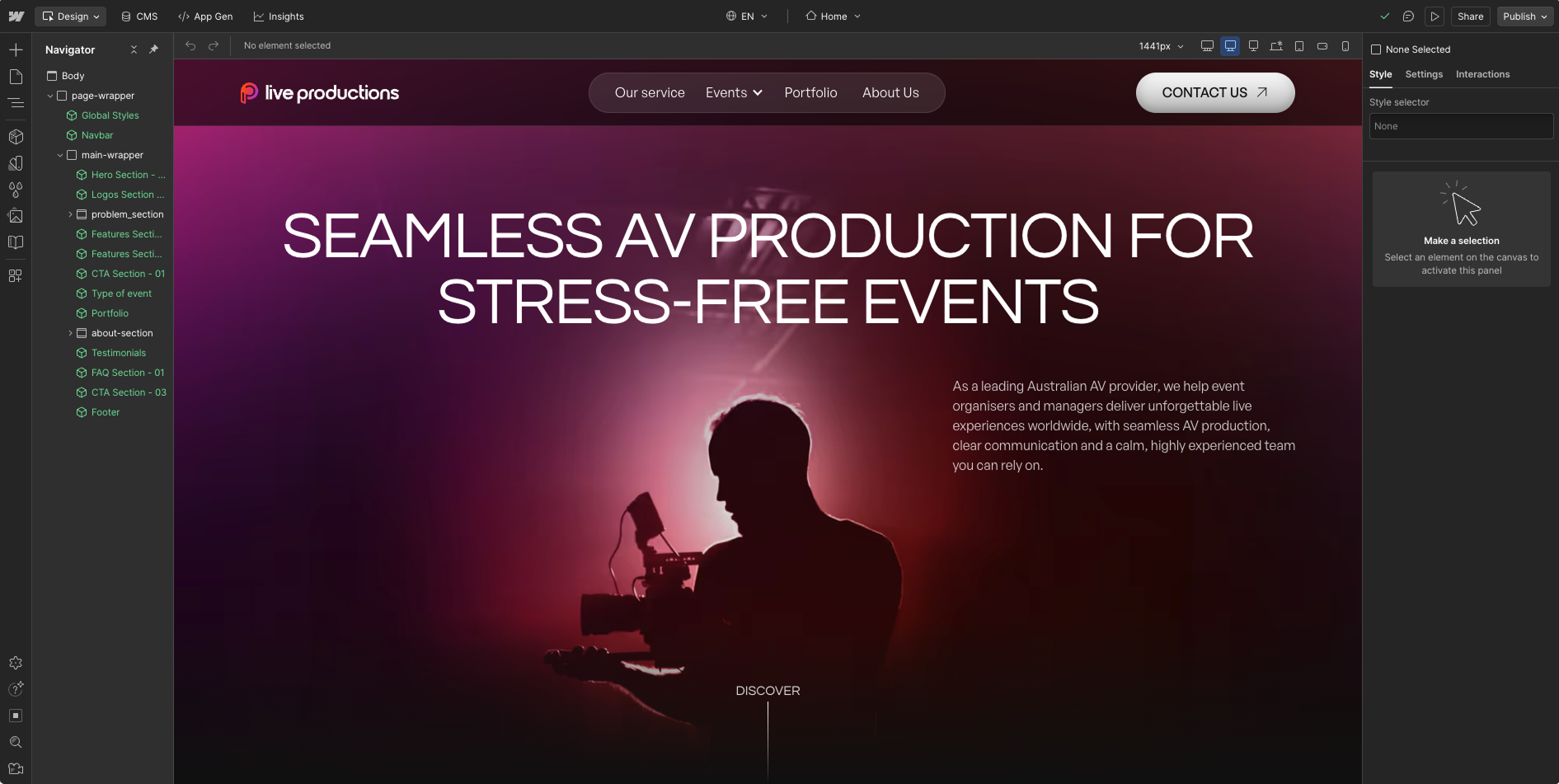 Live Productions - Website Devlopment on Webflow