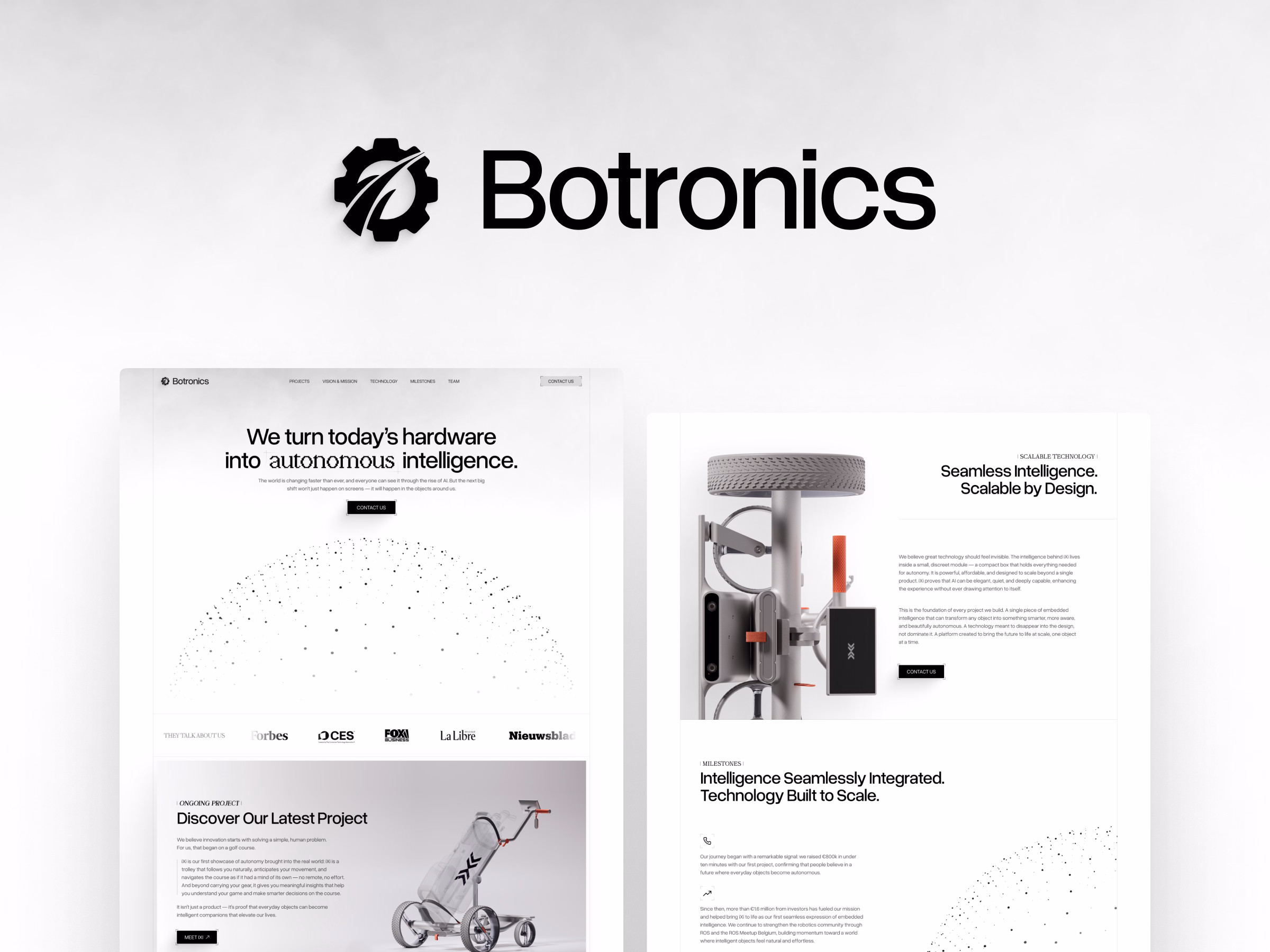 A Webflow landing page designed to express Botronics’ vision, establish credibility, and carry a premium technological narrative — beyond a single product.