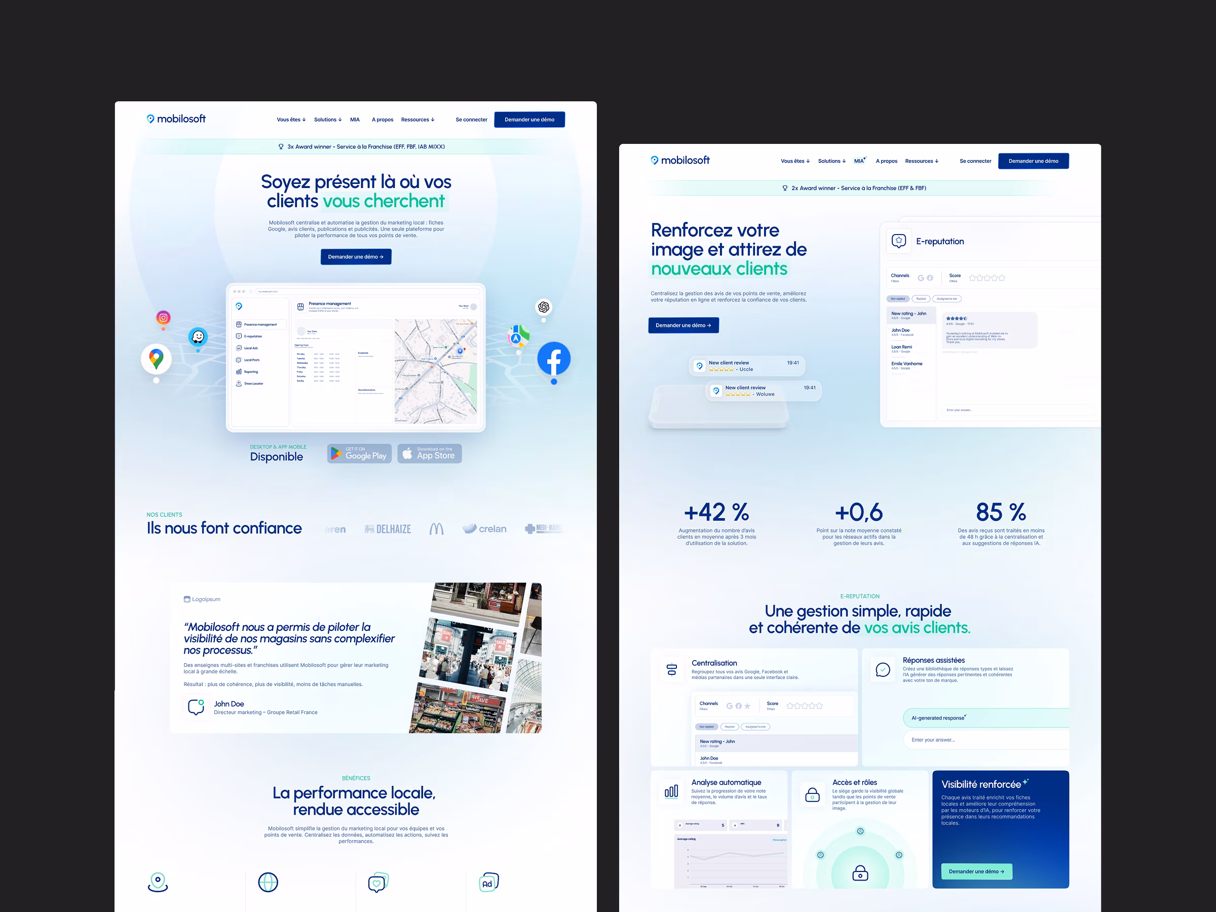 Un site marketing multi-pages conçu pour structurer une offre SaaS riche, renforcer la crédibilité marché et accompagner la montée en puissance de Mobilosoft.