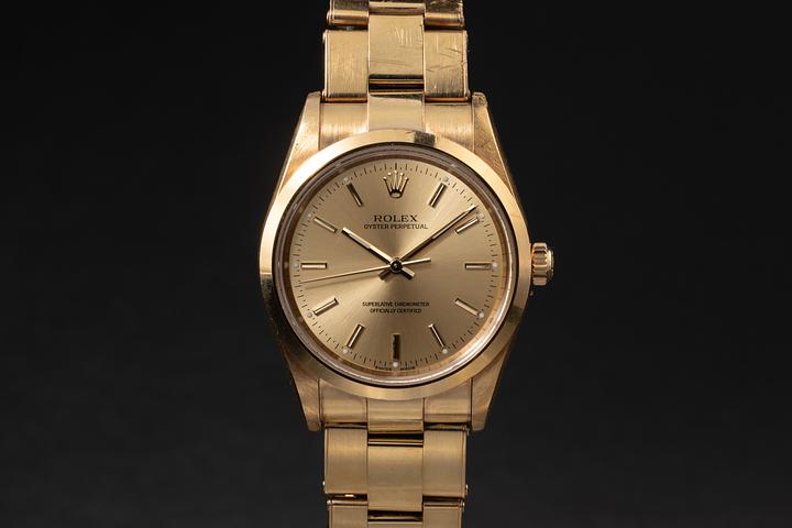 2000 Rolex 18K YG Oyster Perpetual 14208 Champagne Dial with Papers