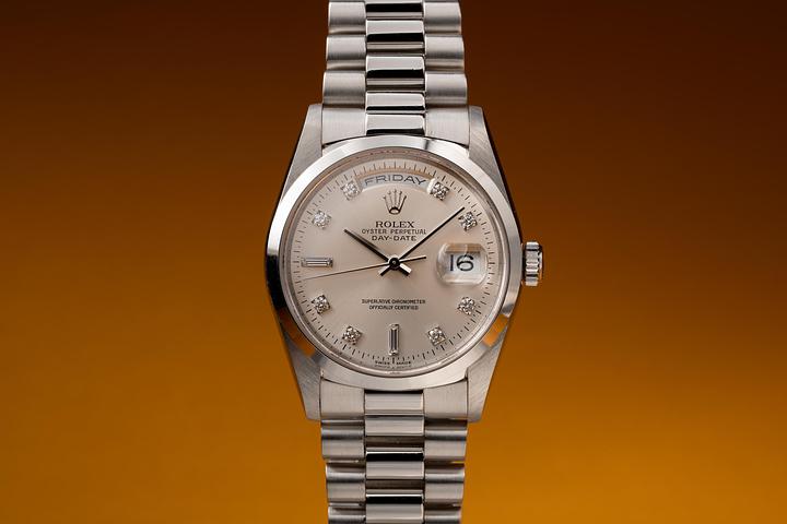 1996 Rolex Platinum Day-Date 18206 Silver Diamond Dial