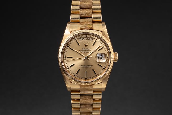 1991 Rolex 18K YG Bark Day-Date 18248 Champagne Dial with Papers