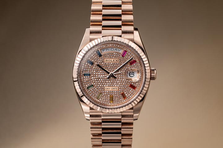 2021 Rolex 18K RG Day-Date 128235 Pave Rainbow Dial with Box & Papers