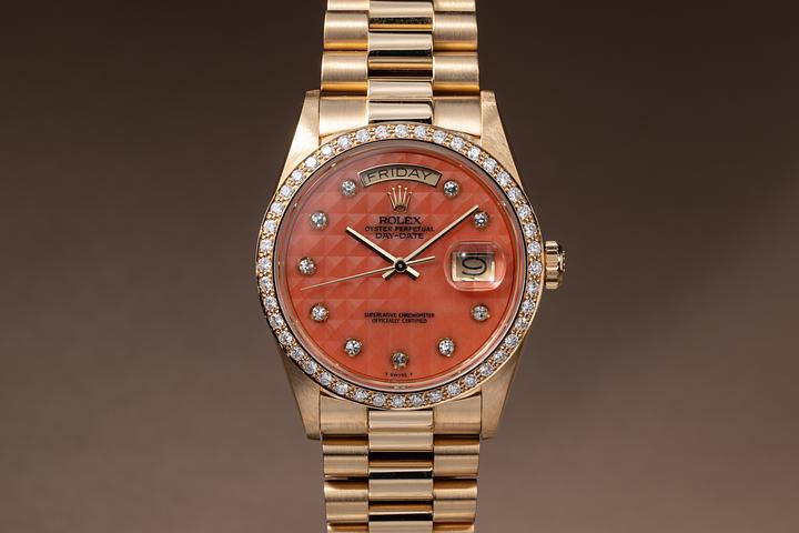 1988 Rolex 18K YG Diamond Day-Date 18048 Pyramid, Diamond-Pinball, Coral Dial with Box, Papers & RSC