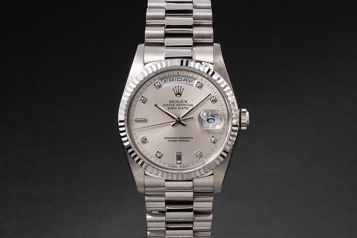 1990 Rolex 18k WG Day-Date Silver Diamond Dial with Service Papers