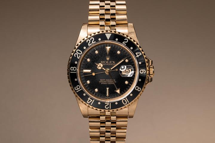 1982 Rolex 18K YG GMT-Master 16758 Black Nipple Dial with Service Card