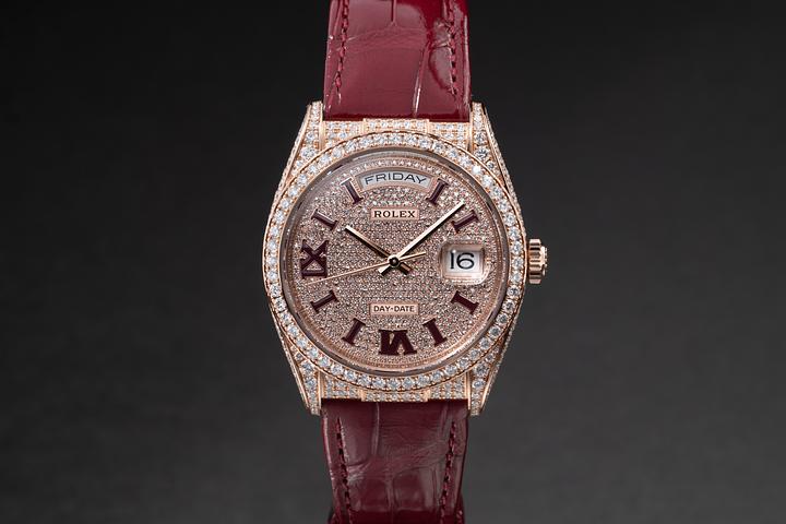 2024 Rolex 18K RG & Diamond Day-Date 128155RBR Diamond Pave Roman Numeral Dial with Box and Papers