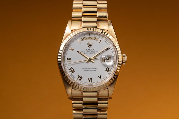 1991 Rolex Day-Date 18238 White Sharo Roman Dial with Papers