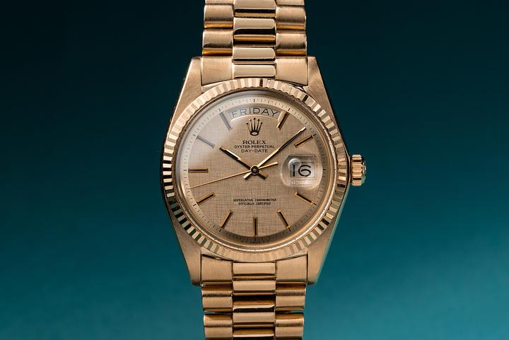 1972 Rolex 18K YG Day-Date 1803 No lume Linen Sigma Dial