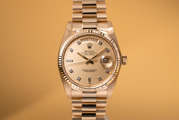 1983 Rolex 18K YG Day-Date 18038 with Satin Champagne Diamond Dial
