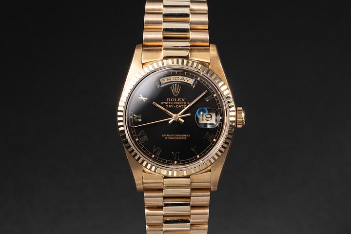 1995 Rolex 18K YG Day-Date 18238 Black Roman Numeral Dial