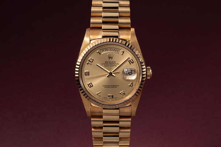 1990 Rolex 18K YG Day-Date 18238 Champagne Arabic Dial