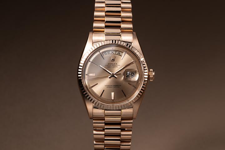 1967 Rolex 18K RG Day-Date 1803 with Rose Doorstop Dial and Portuguese Date Disk