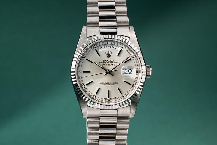 1990 Rolex 18K WG Day-Date 18239 Silver Dial
