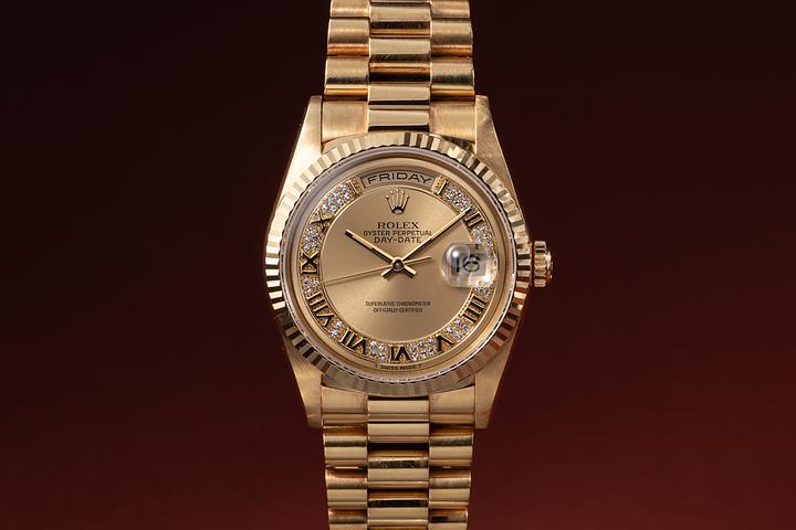 1995 Rolex 18K YG Day-Date 18238 Champagne Roman Diamond Dial with Papers