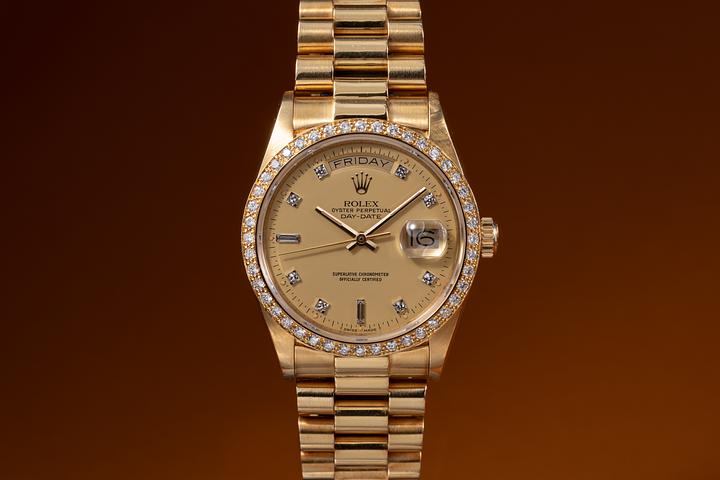 1986 Rolex 18K YG Day-Date 18048 Satin Champagne Diamond Dial