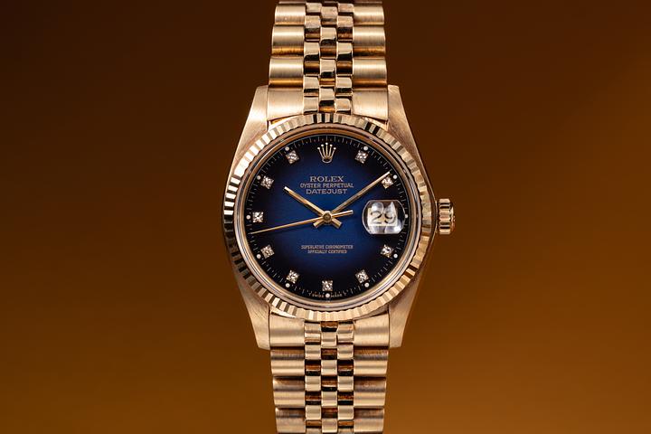 1979 Rolex 18k YG DateJust 16018 Blue Vignette Diamond Dial with Papers