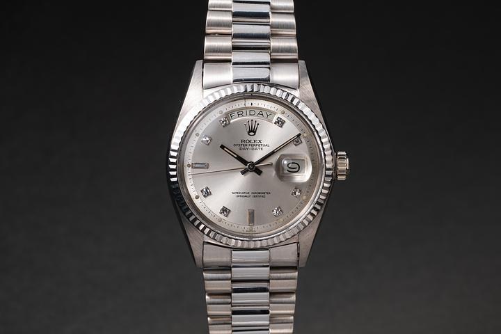1968 Rolex 18K WG Day-Date 1803 Silver Diamond Dial
