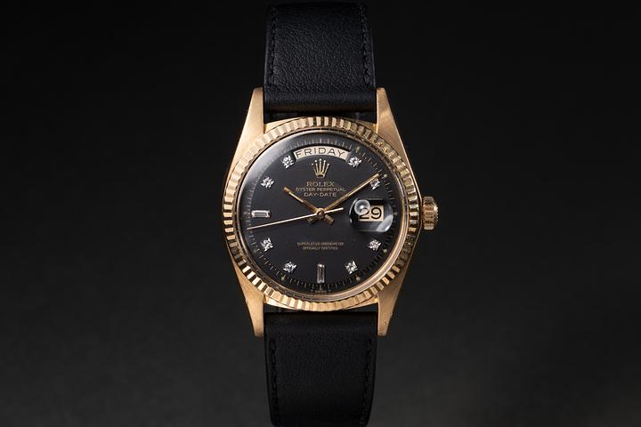 1976 Rolex 18K YG Day-Date 1803 Matte Black Diamond Dial