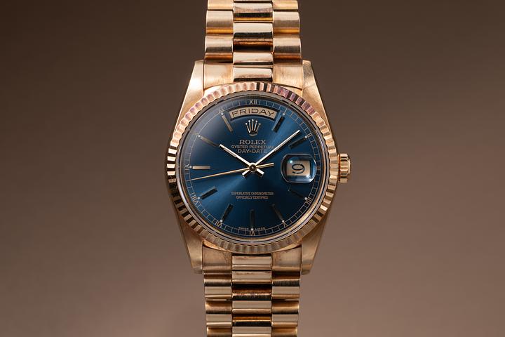 1989 Rolex 18K YG Day-Date 18238 Blue Dial